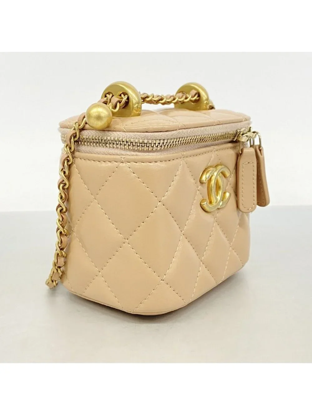 Chanel Vanity Bag Quilted Lambskin Pink Beige Gold